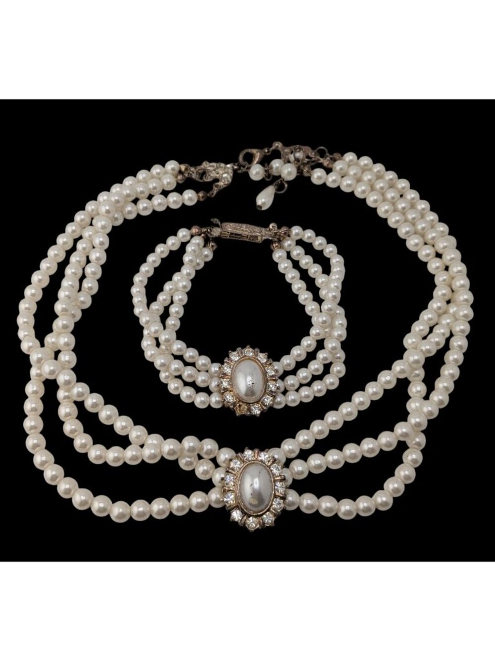 Vintage Faux Pearl Necklace Bracelet Set Rhinestone Victorian Elegance Jewelry - Picture 1 of 14